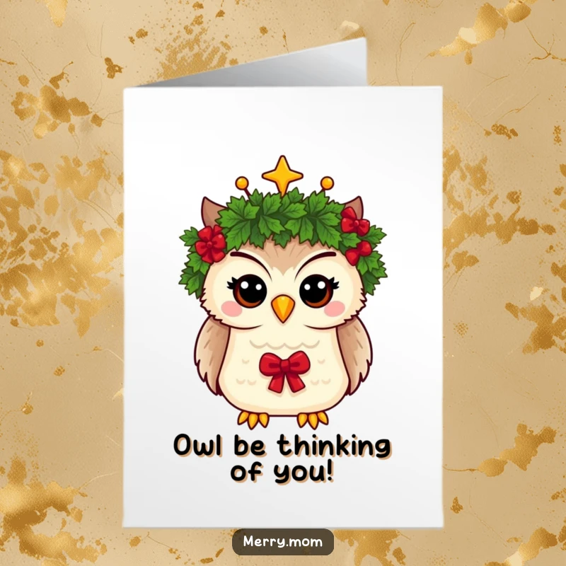Funny Free Printable Birthday Card: Whimsical owl with a Christmas wreath crown, looking wise and festive.
