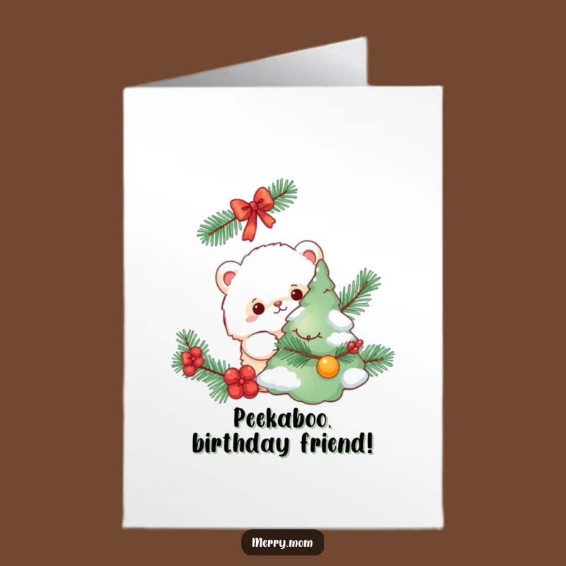 Free Printable Birthday Card: Fluffy Creature Tree Peek Funny Downloadable Gift