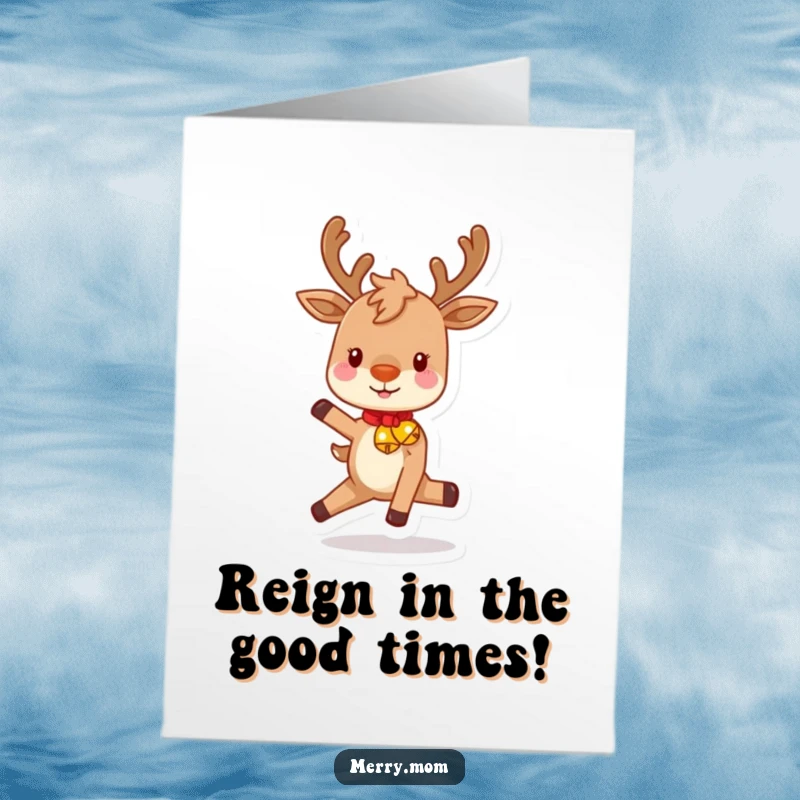 Festive Free Printable Birthday Card: A playful reindeer with rosy cheeks prances merrily, jingling bells for a happy birthday.