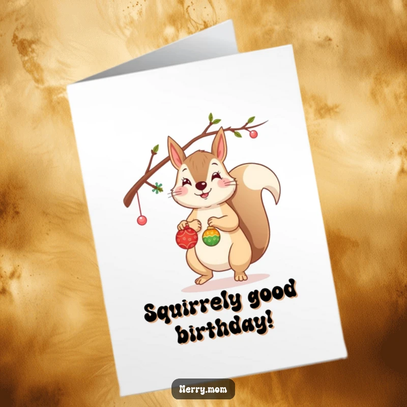 Funny Free Printable Squirrel Birthday Card: Cheerful squirrel hanging tiny ornaments on a branch, celebrating birthdays.