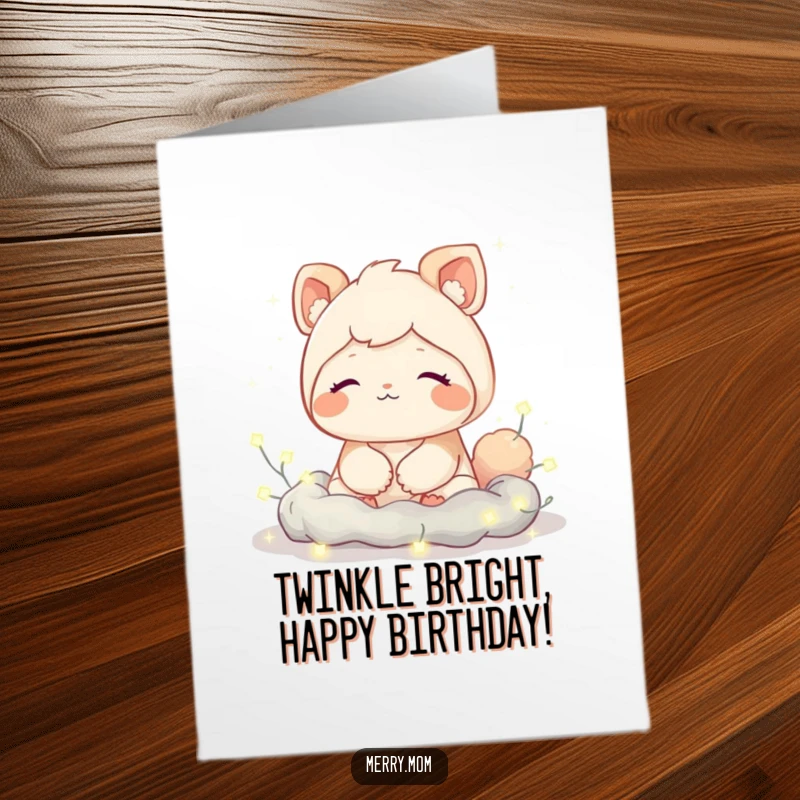 Funny free printable birthday card: a cute creature with a contented sigh rests peacefully among twinkling fairy lights.