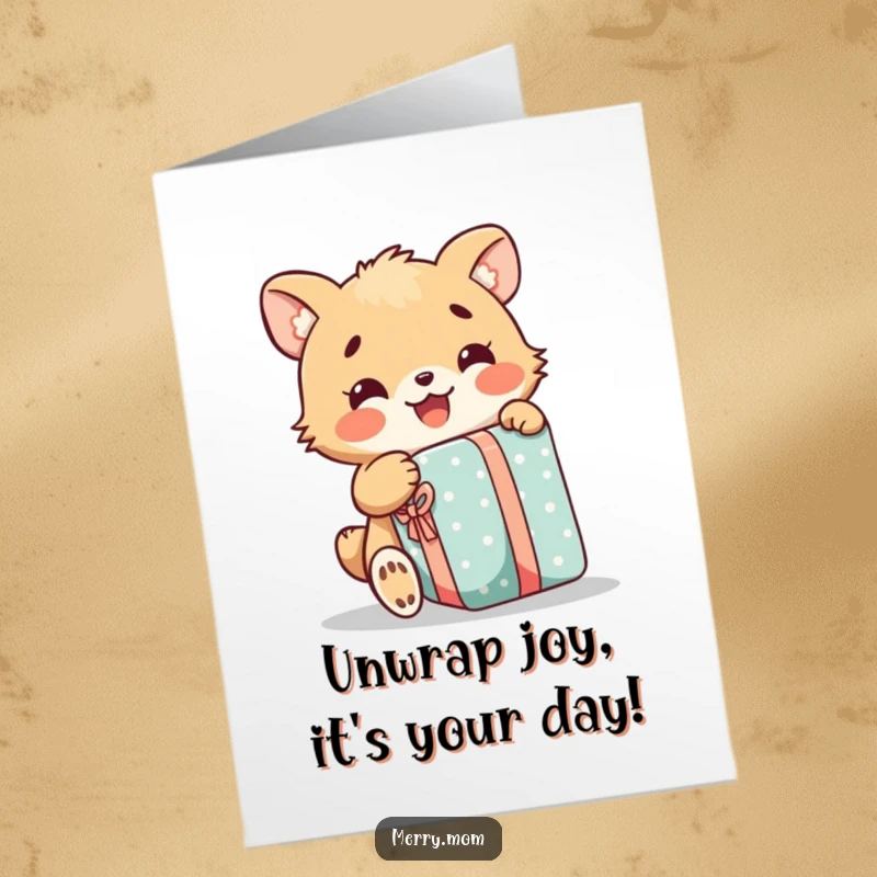 Funny Free Printable Birthday Card: A happy animal ecstatically unwrapping a gift, conveying pure downloadable excitement.