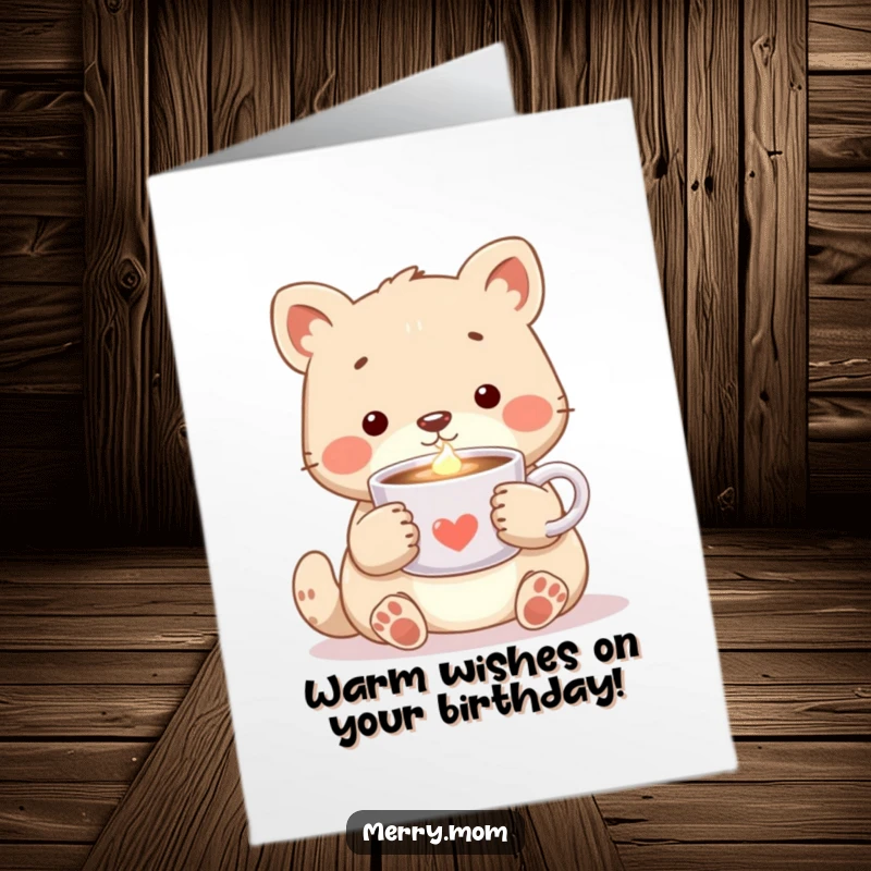 Charming free printable birthday card of a cute animal holding a steaming cup of cocoa, radiating a gentle, warm glow.