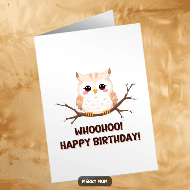 Funny Free Printable Owl Birthday Card: Happy owl peeking from a snowy branch, wishing you a happy birthday.