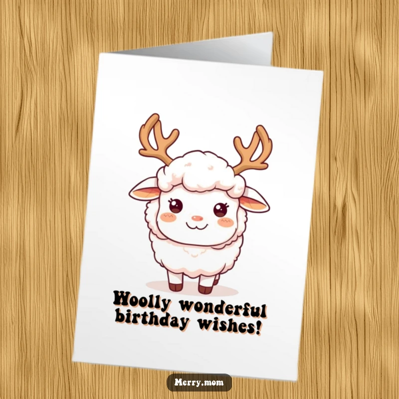 Funny Free Printable Birthday Card showing a fluffy sheep sporting reindeer antlers with a wide, cheerful smile.
