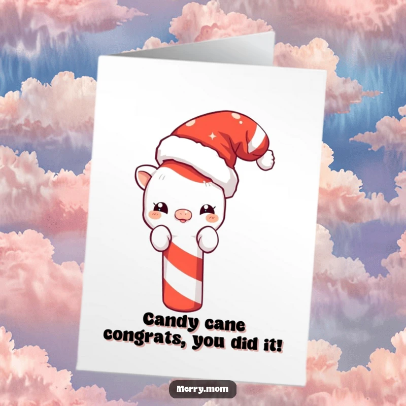 Funny free printable congratulations card: a cute creature with a Santa hat peeks from behind a large candy cane.