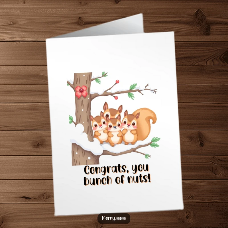 Funny Free Printable Congrats Card: Kawaii squirrel family on a snowy branch, celebrating achievements hilariously.