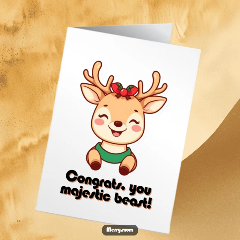 Funny Free Printable Congrats Card: Kawaii deer mom, holiday antlers, smiling, celebrating success with humor.