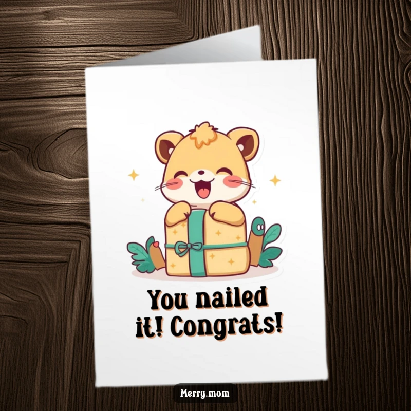 Delighted free printable congratulations card featuring an animal expressing sheer excitement while unwrapping a surprise present.