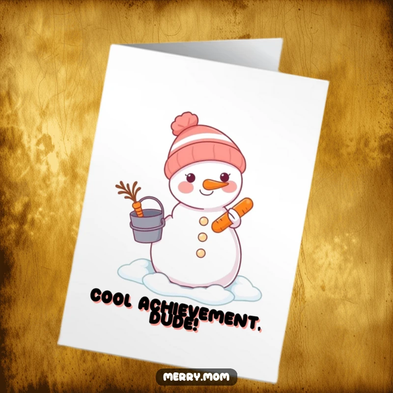 Funny Free Printable Congratulations Card: An animal diligently building a snowman, bucket and carrot in hand, signifying a cool achievement.