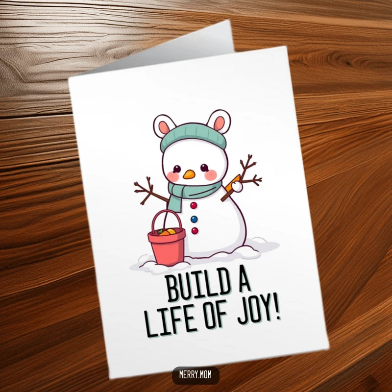 Funny Free Printable Congratulations Card: Animal building a snowman with bucket and carrot, a cool, downloadable congratulatory message.