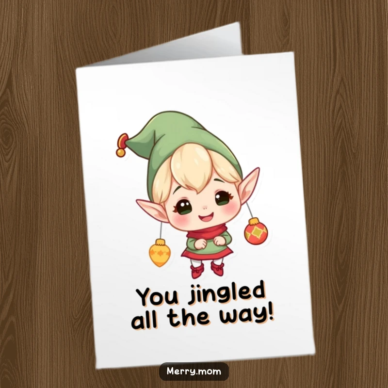 Festive Free Printable Congratulations Card: A cheerful elf gleefully hangs ornaments, celebrating a wonderful achievement with festive flair.