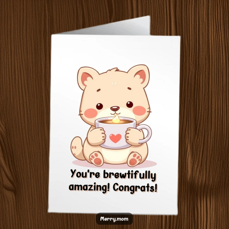 Heartwarming free printable congratulations card showing a sweet animal cradling a steamy mug of cocoa with a comforting, warm aura.