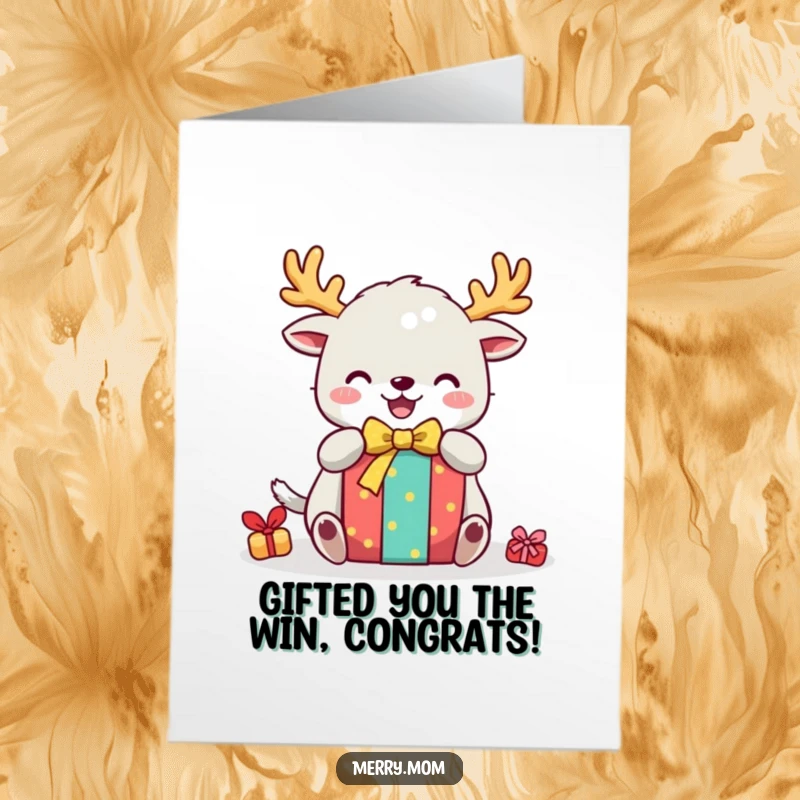 Funny free printable congratulations card: a cute creature with festive antlers joyfully unwraps a vibrantly colored gift.
