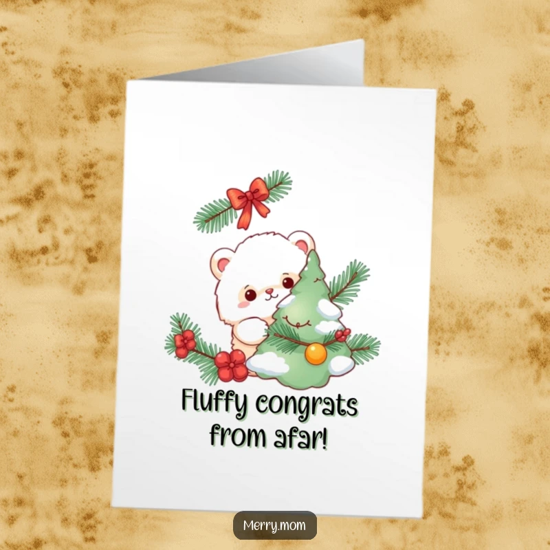 Funny Free Printable Congratulations Card: A fluffy creature peeks cheekily from behind a decorated pine tree.