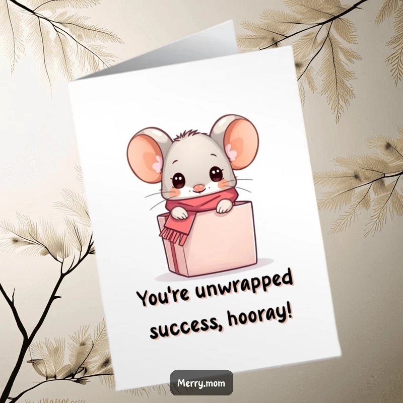 Funny Free Printable Congratulations Card: Adorable kawaii mouse with a scarf peeks from a gift box, celebrating achievements.
