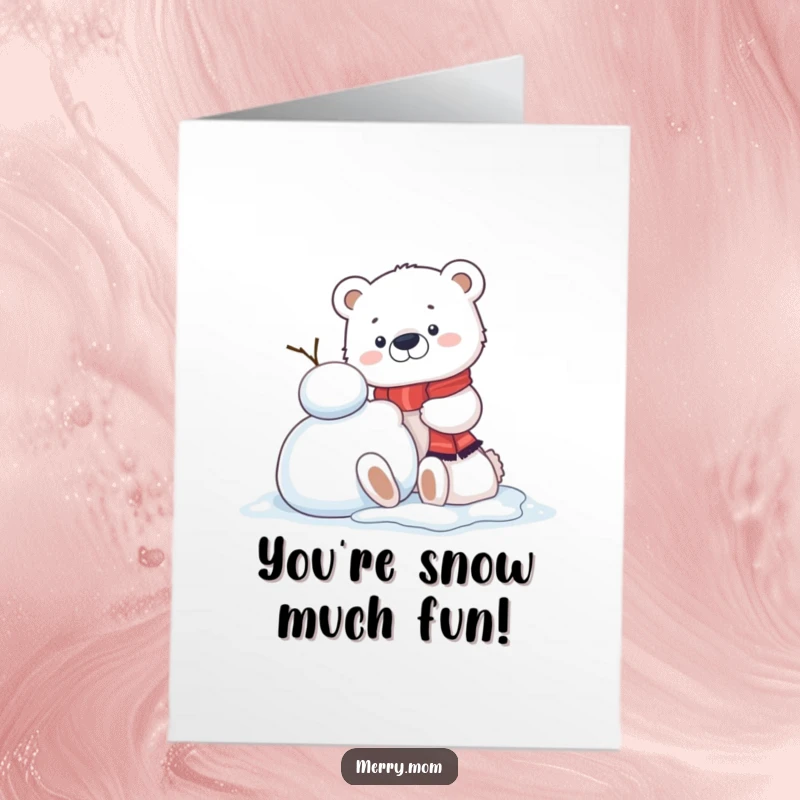 Funny Free Printable Congratulations Card: Kawaii polar bear cub building a snowman, celebrating a cool accomplishment.