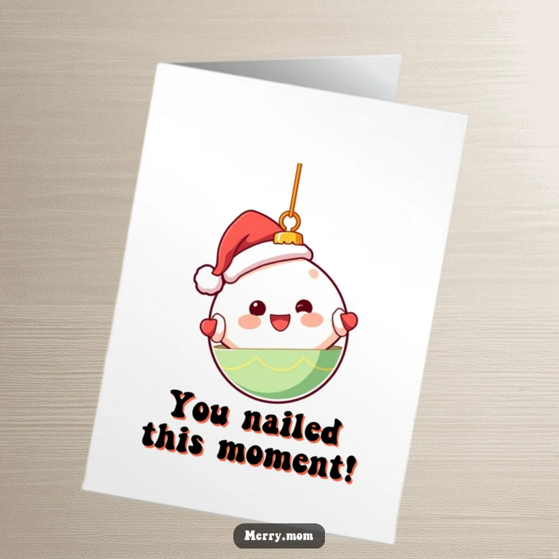 Funny Free Printable Congratulations Card: A kawaii Christmas ornament character spinning happily, celebrating success.