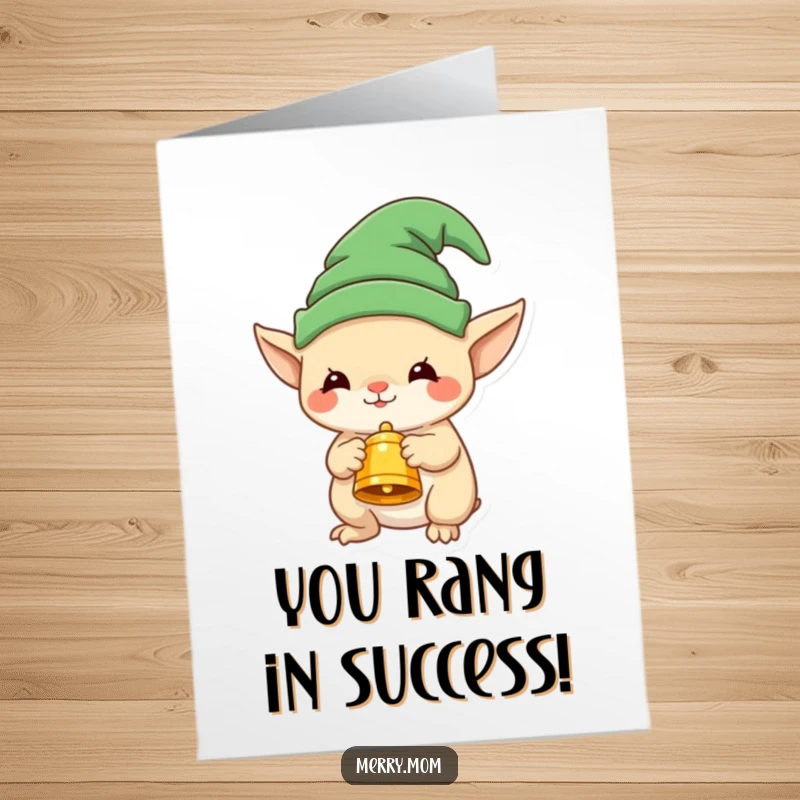 Funny free printable congratulations card showcasing a creature in an elf hat offering a festive bell, perfect for any celebration.