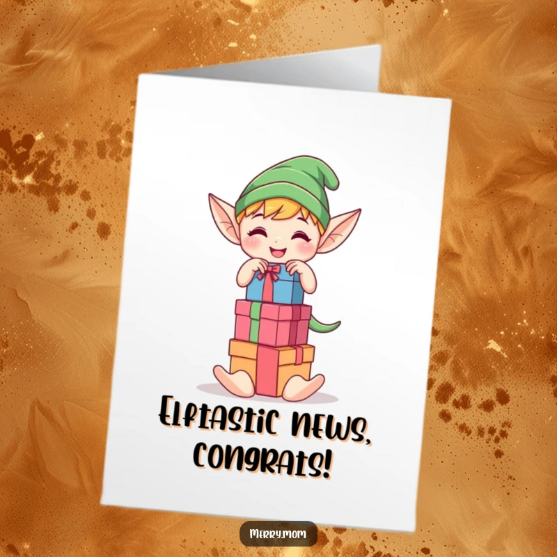 Funny Free Printable Congrats Card: Kawaii elf elf joyfully stacking colorful gift boxes, celebrating success.