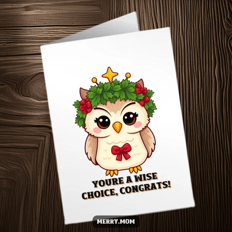 Funny Free Printable Congratulations Card: Whimsical owl wearing a Christmas wreath as a crown, celebrating a win.