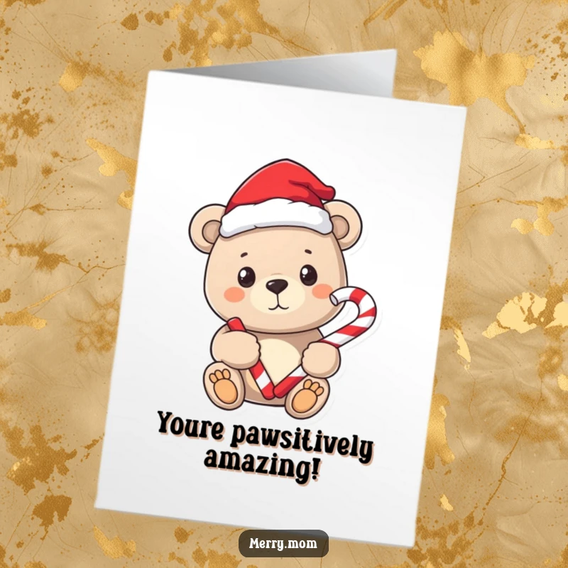 Free Printable Santa Bear Congratulations Card: A bear in a Santa hat holding a candy cane, perfect for happy news.