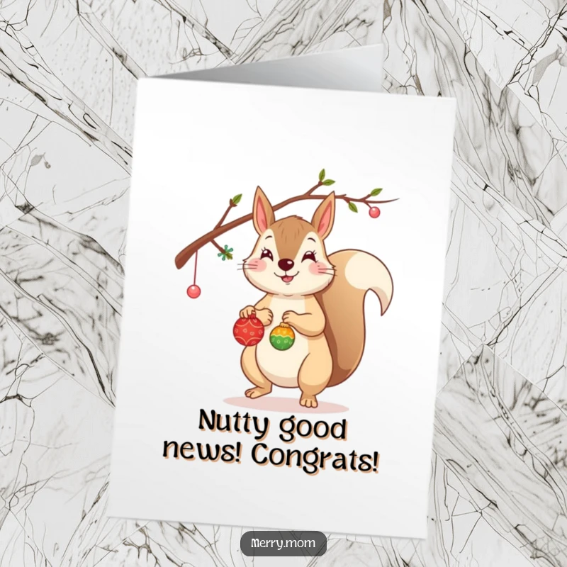 Funny Free Printable Squirrel Congratulations Card: Cheerful squirrel decorating a branch with ornaments, perfect for congrats.