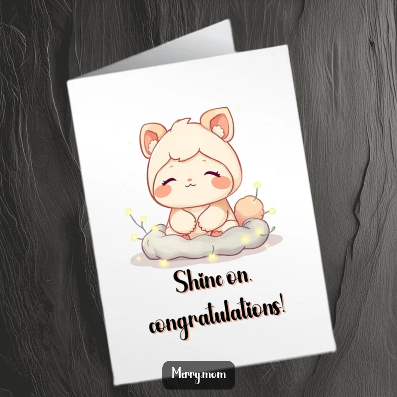 Funny free printable congratulations card: a cute creature sighs contentedly while nestled within a cascade of twinkling fairy lights.