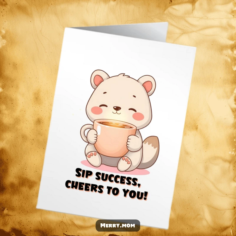 Funny Free Printable Congrats Card: An animal holding a cup of steaming cocoa with a warm glow, a cozy downloadable.