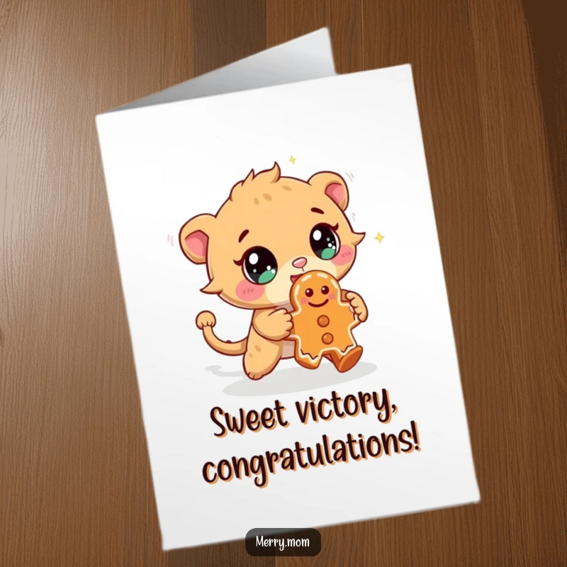 Funny free printable congratulations card: a creature with bright, sparkling eyes is in hot pursuit of a cheeky gingerbread cookie.