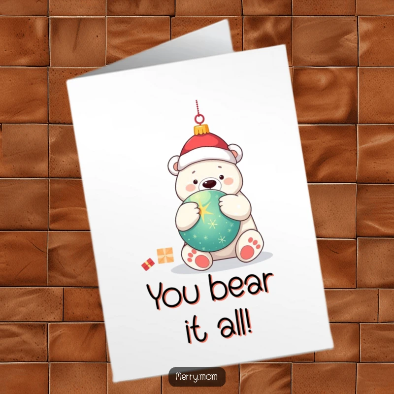 Free Printable Congratulations Card: Kawaii polar bear lovingly hugging a large, twinkling Christmas ornament to celebrate.