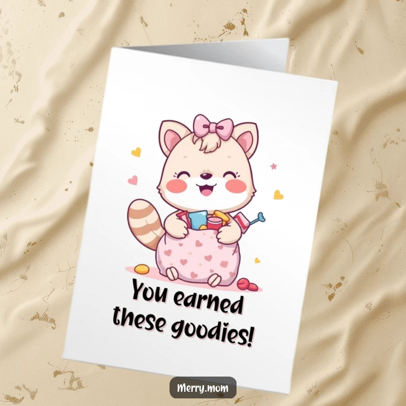 Funny free printable congratulations card with a happy animal holding a gift bag overflowing with treats, celebrating success with joy.
