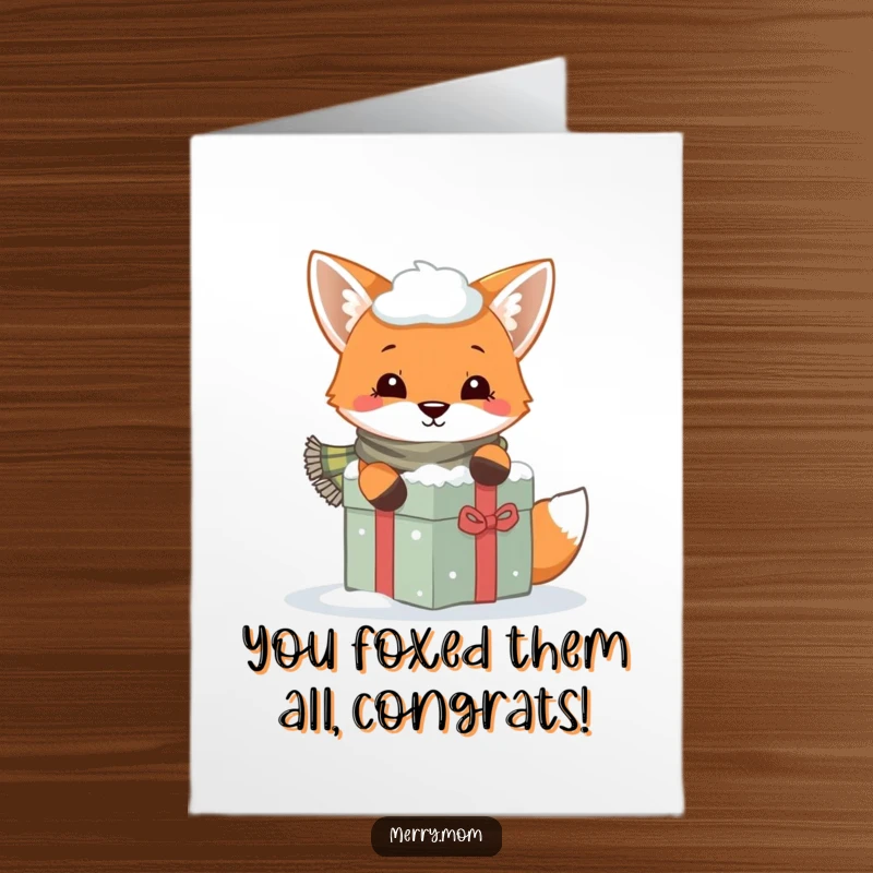Funny Free Printable Congratulations Card: Fox with scarf peeking from behind a snow-covered gift, sharing good news.