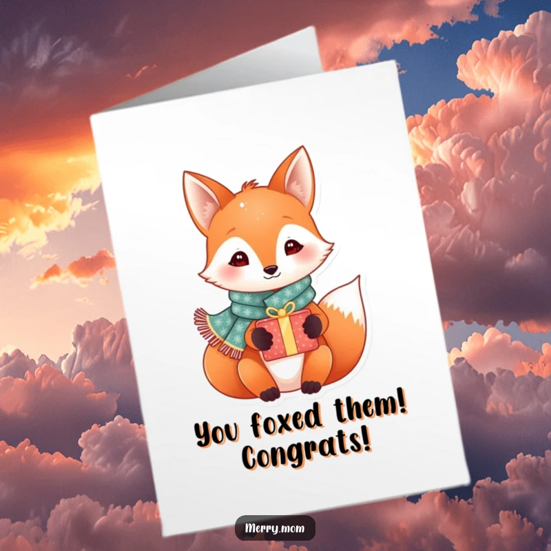 Funny Free Printable Congrats Card: Festive fox in sparkly scarf presents a gift box with celebratory excitement.
