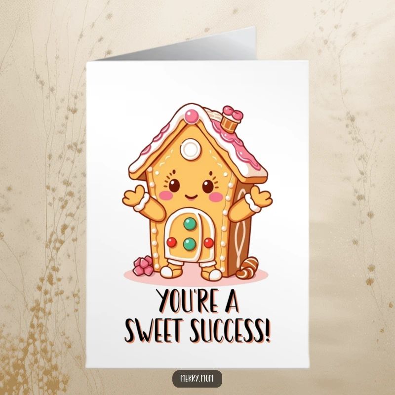 Free Printable Congratulations Card: A gingerbread house character covered in icing, dancing with excitement to celebrate success.
