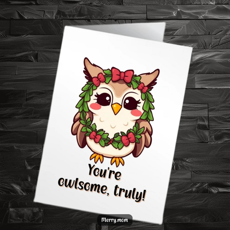 Funny Free Printable Congratulations Card: Kawaii owl with festive wreath, hooting happily, celebrating accomplishment.