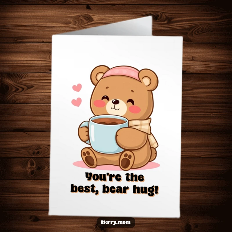 Cute Free Printable Congratulations Card: Kawaii bear mom holding a warm mug of cocoa, offering congratulations and comfort.