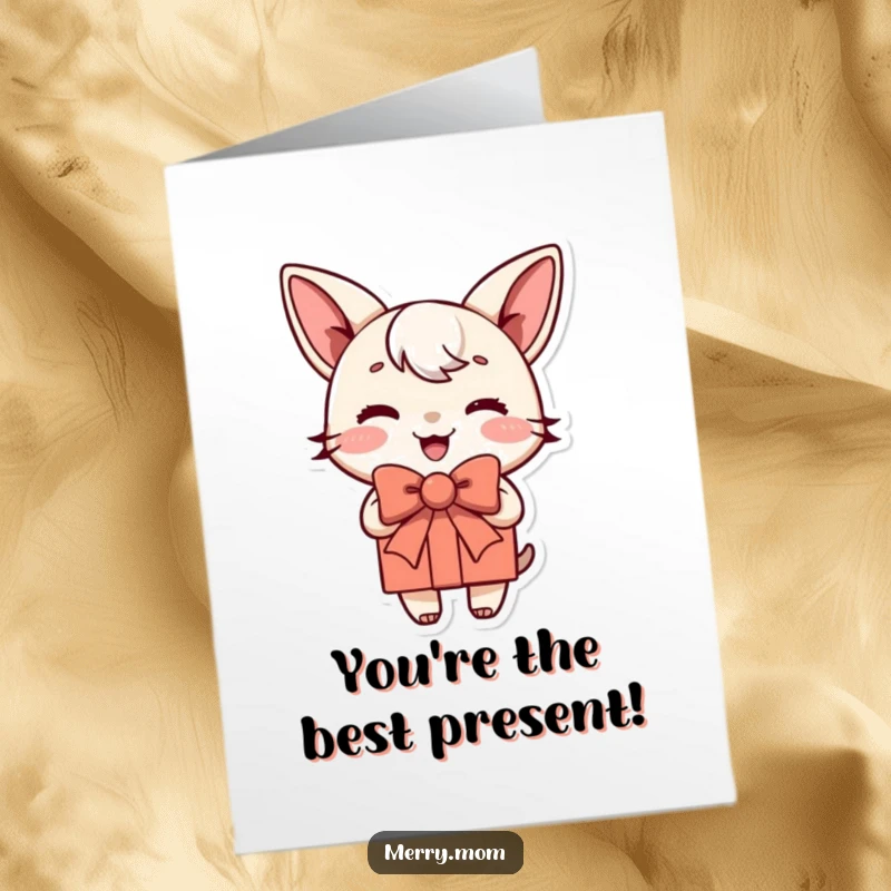 Free Printable Congratulations Card: A cheerful gift box character with a perfectly tied bow, offering congratulations humorously.