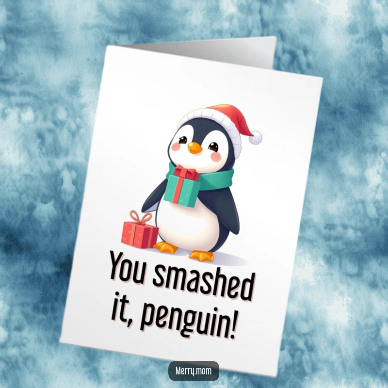 Funny Free Printable Congratulations Card: A skilled penguin in a tiny Santa suit balances gifts on its nose, perfect for congratulations.