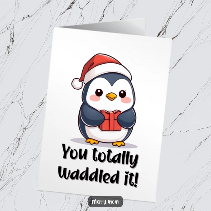 Free Printable Congratulations Card: Kawaii penguin in a Santa hat holding a gift, celebrating your big news.
