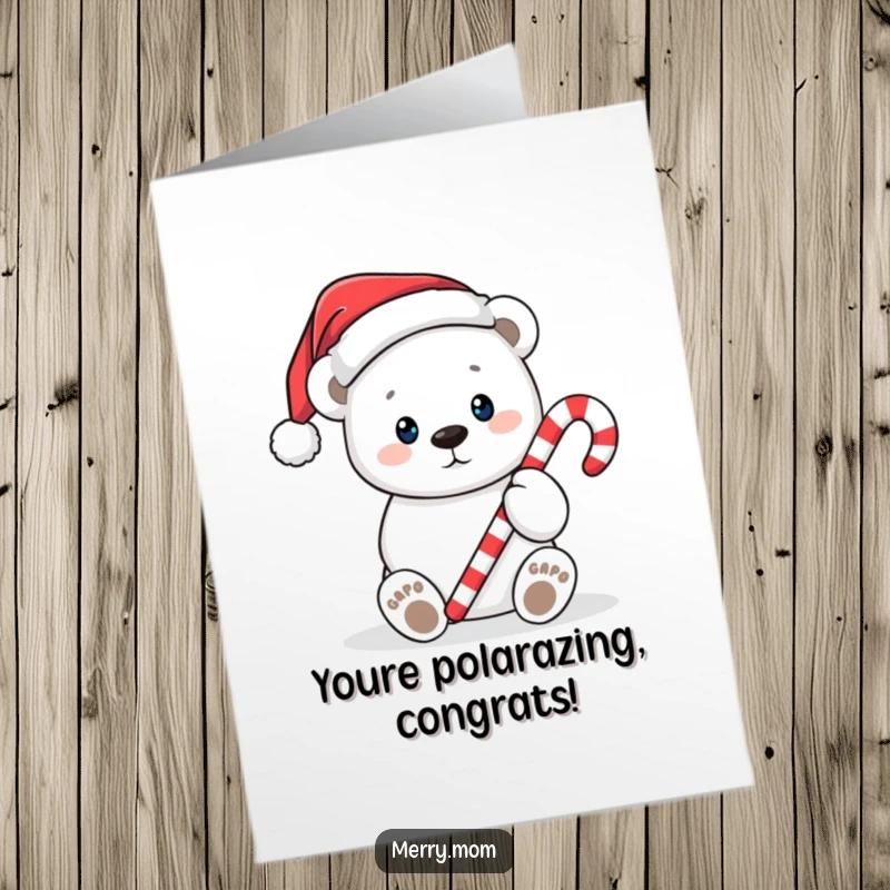 Funny Free Printable Congratulations Card: Cute polar bear in Santa hat extending a candy cane, perfect for festive greetings.