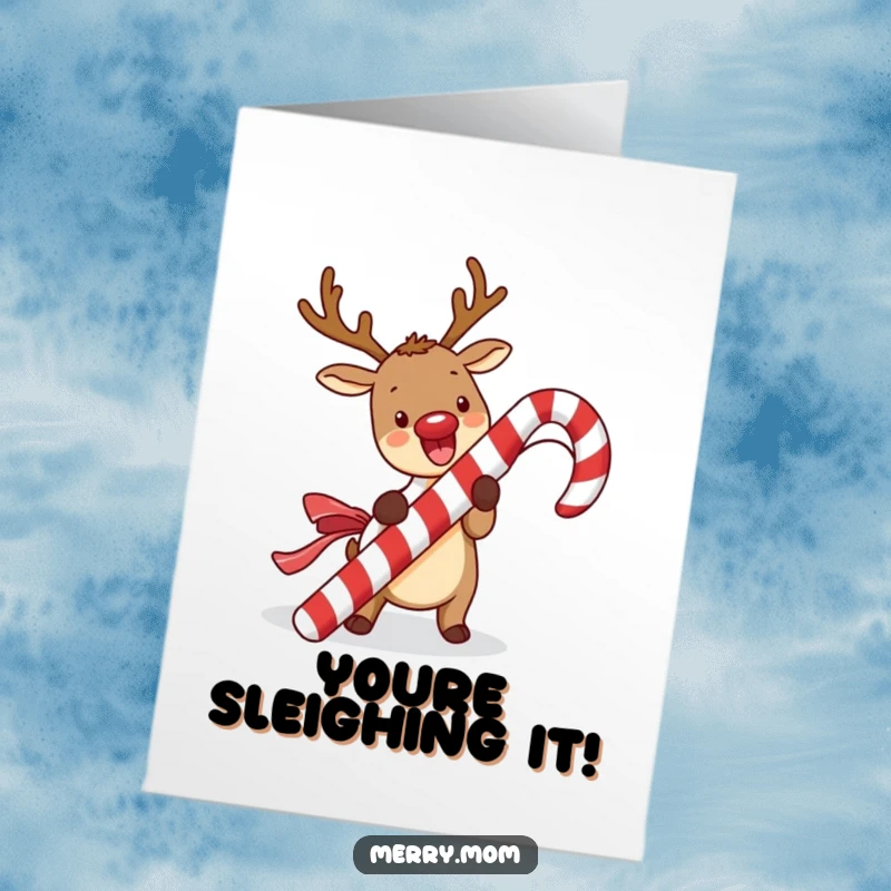 Free Printable Congratulations Card with an excited kawaii reindeer unwrapping a big candy cane.