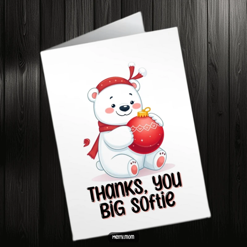 Funny Free Printable Thank You Card: A jolly polar bear hugs a large, red ornament, offering warm thanks.