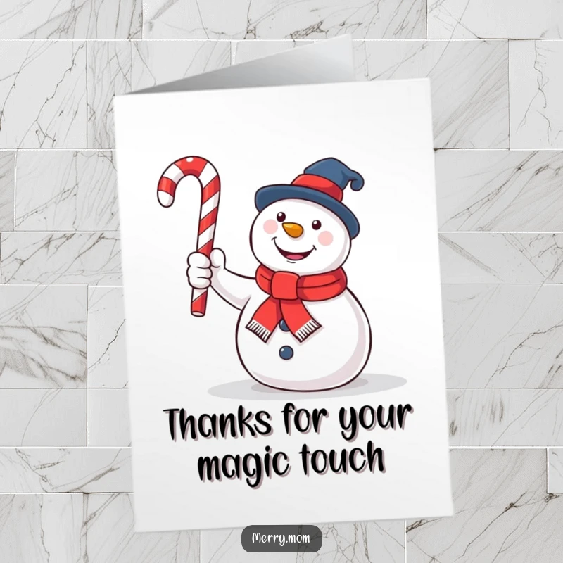 Funny Free Printable Thank You Card: A cheerful snowman offers thanks holding a candy cane like a magical wand.