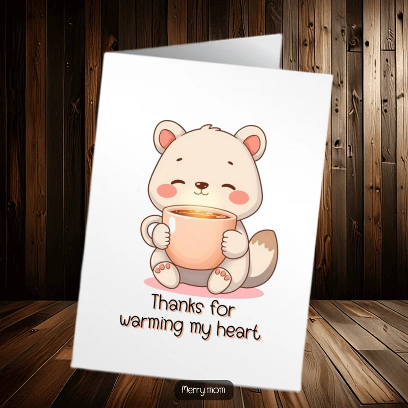 Funny Free Printable Thank You Card: An animal holding a steaming cup of cocoa with a warm, inviting glow, downloadable.