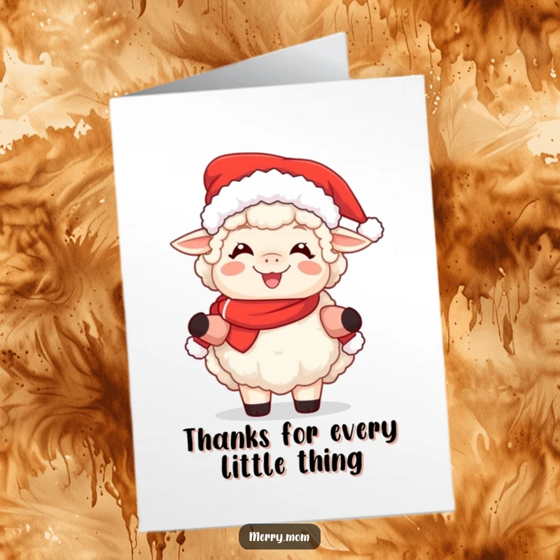 Free Printable Mrs Claus Sheep Thank You Card: A joyful sheep dressed as Mrs. Claus, expressing gratitude warmly.
