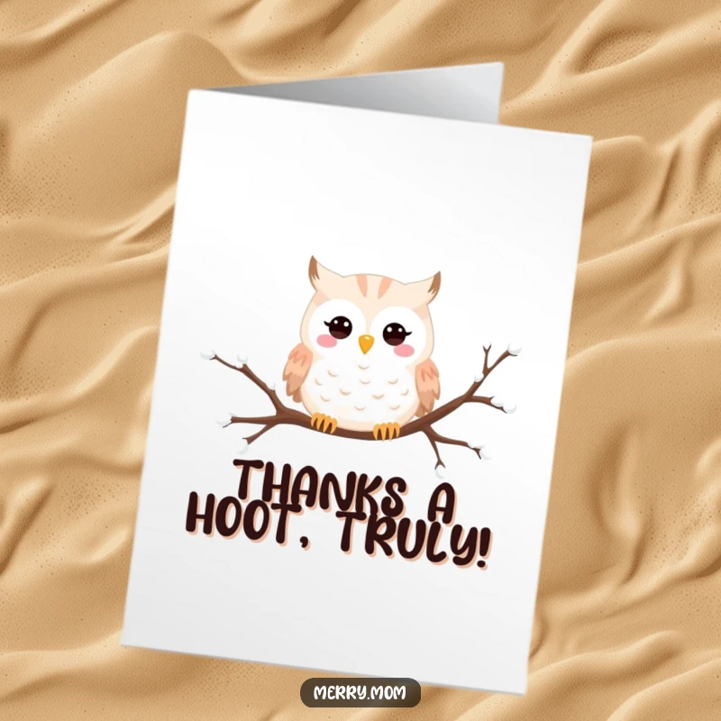 Funny Free Printable Owl Thank You Card: Happy owl peeking from a snowy branch, offering thanks with a warm gaze.