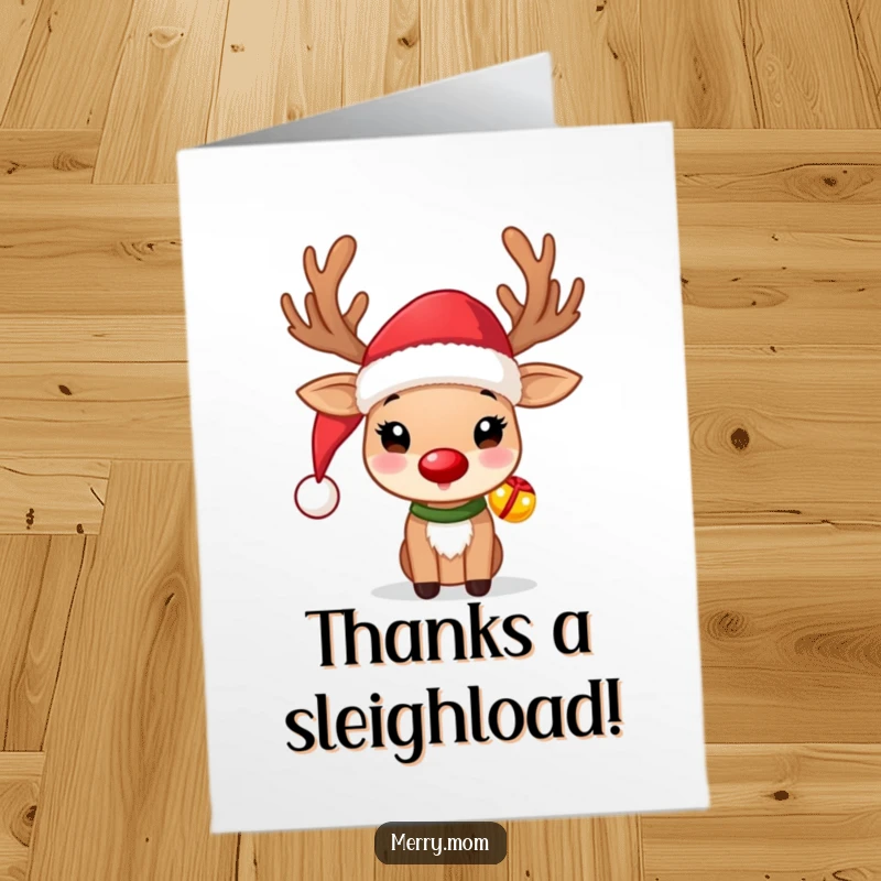 Funny Free Printable Reindeer Thank You Card: Cute reindeer in Santa hat, jingle bells, expressing thanks with a chuckle.