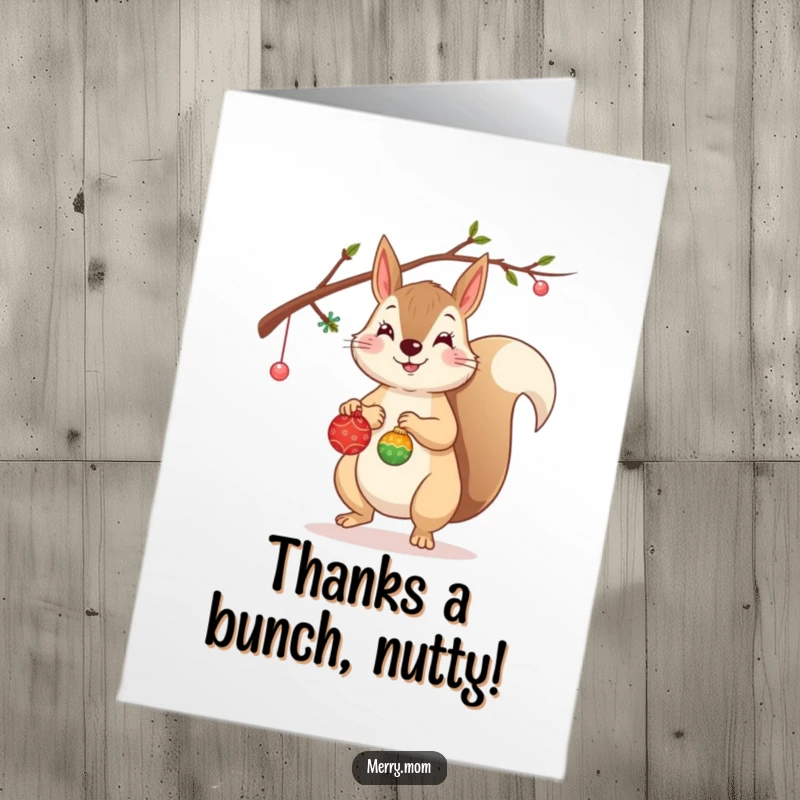Funny Free Printable Squirrel Thank You Card: Cheerful squirrel hanging ornaments, expressing thanks with a smile.