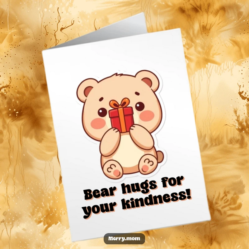 Cute Free Printable Thank You Card: A little bear joyfully holds a bright red present, conveying thanks.